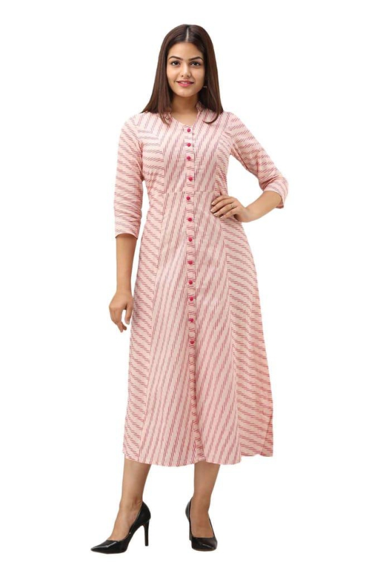 JAIPURETHNICWEAVES Women's Cotton Striped Printed A-Line Kurta (Pink)