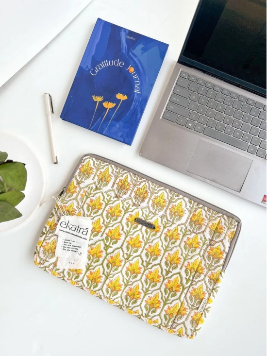 Sustainable Handmade Cotton Laptop Sleeve/Laptop Cover by Ekatra - Yellow motif