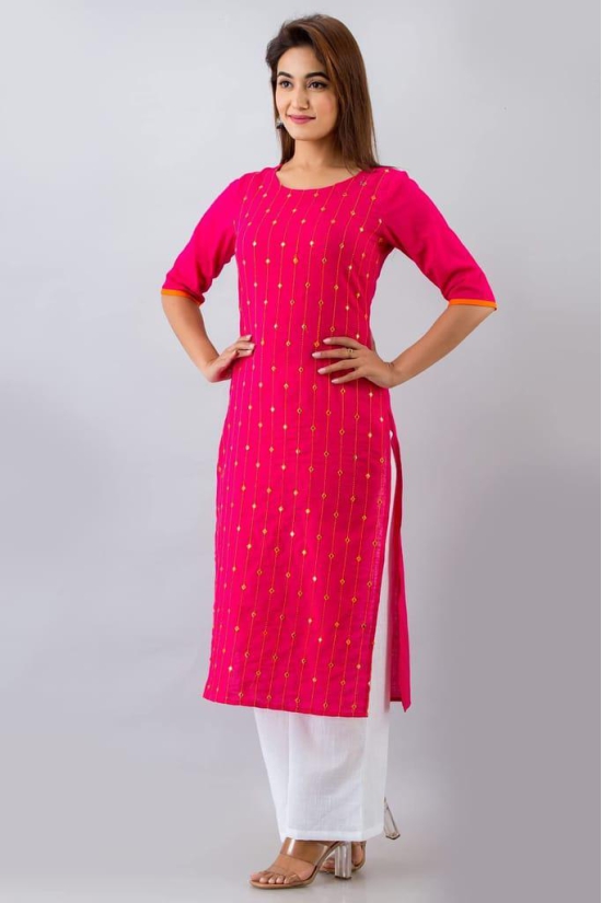 JAIPURETHNICWEAVESWomens Cotton Blend Embellished Straight Kurta (Pink)