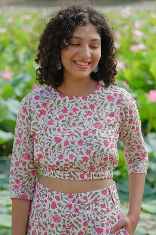 Okhai Azalea Hand Embroidered Handblock Printed Pure Cotton Crop Top-XS