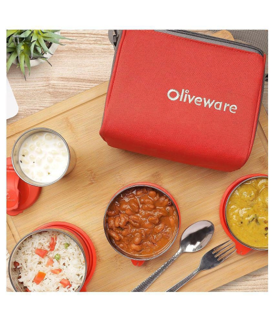 Oliveware Milano Lunch Box, 3 Stainless Steel Containers and Sipper with Steel Spoon - Red