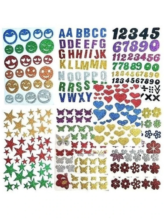 Eclet Glitter Foam Self Adhesive Alphabets; Butterflies; Stars; Numeric; Hearts; Flowers and Smiley Mix Stickers for Art and Craft (Multicolour; Medium) -Set of 7 Sheets - Multi-Colour