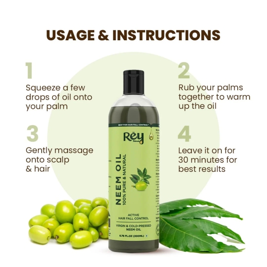 Rey Naturals Cold Pressed Pure Neem Oil For Hair Dandruff  Neem Oil For Skin  Neem Hair Oil for Hair Growth  Neem Oil For Hair Lice And Nits  Neem Oil Pure For Body Massage  Acne - 200ML-Rey Natu