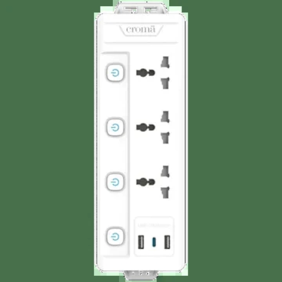 Croma 6 Amps 3 Sockets Surge Protector (2 Meters, Child Safety Shutters, White)