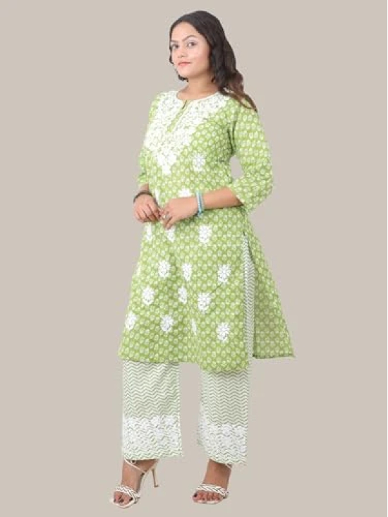 Lucknowi Chikankari Fine Embroidered Cotton Kurti and Palazzo Set Light Green