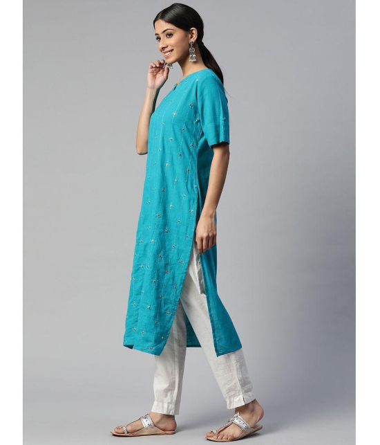 SVARCHI - Turquoise Cotton Women's Straight Kurti ( Pack of 1 ) - None