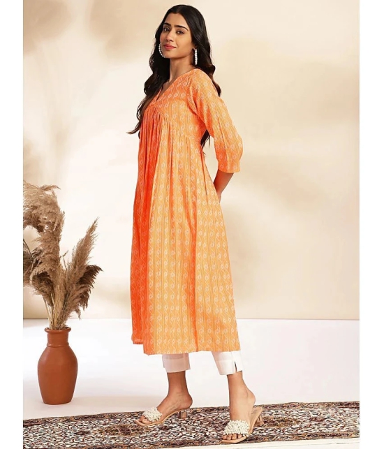 Janasya Cotton Printed A-line Womens Kurti - Orange ( Pack of 1 ) - None