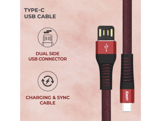 Foxin FLAT Premium USB To Type-C 1.2 MT Charge & Sync Cable With Revmaroon And Black