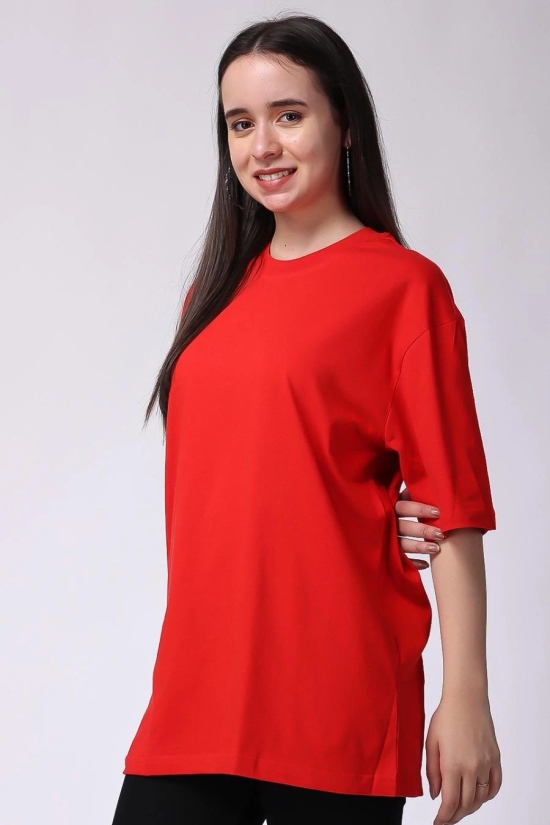 Womens Red Plain Oversized Drop Shoulder T-Shirt-M / Red