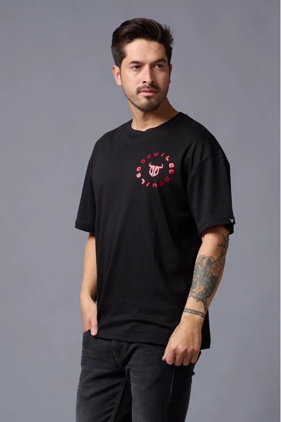 Chinese Devil in Red Foil Print Black Oversized T-Shirt for Men M