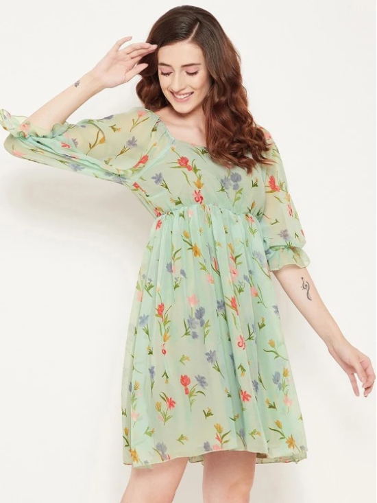 Floral Printed V-Neck Flared Sleeve Flared Georgette Fit & Flare Dress