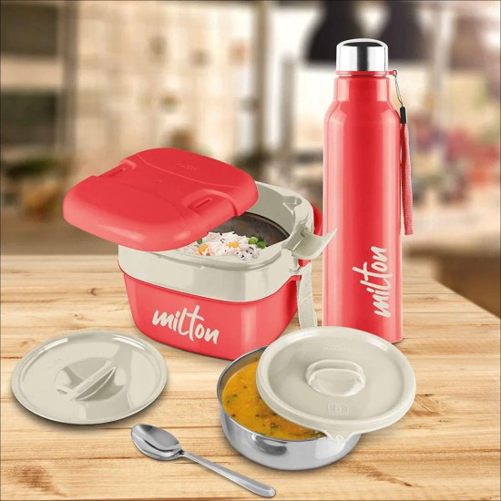 Milton Cube Lunchmate - Steel Fit 630 ML Bottle + Cubic Big Tiffin | Set of 2 Pcs Cream