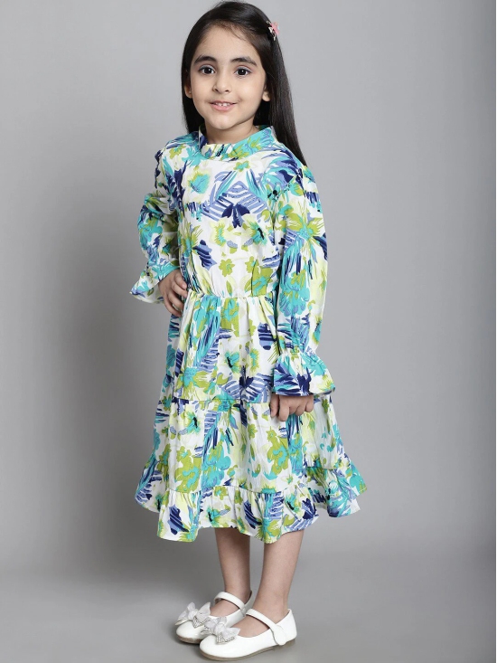 MINI & MING Girls Floral Print Mock Neck Bell Sleeves Crepe Fit & Flare Midi Dress