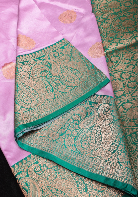 Thistle Banarasi Katan Silk Saree with Damask buttas and Rama Contrast | SILK MARK CERTIFIED