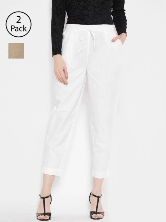 Women Off-White & Brown Relaxed Regular Fit Solid Peg Trousers