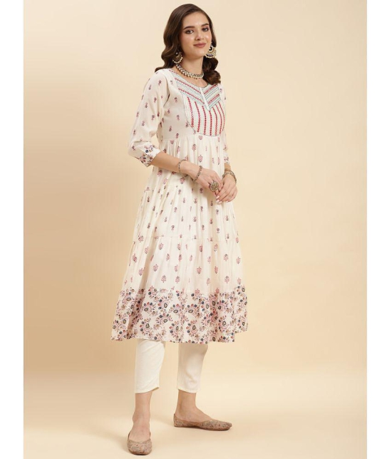 Rangita Women Off White Silk Embroidered Calf Length Tiered Flared Kurti - None