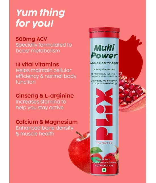 Plix Apple Cider Vinegar 15 Effervescent Tablets Apple Burst with Vitamin B12 (4 x 15 No)