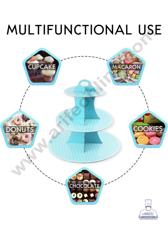 Cake Decor™ 3 Tier Small Polka Dots Printed Round Cardboard Cupcake Stand-SKY BLUE