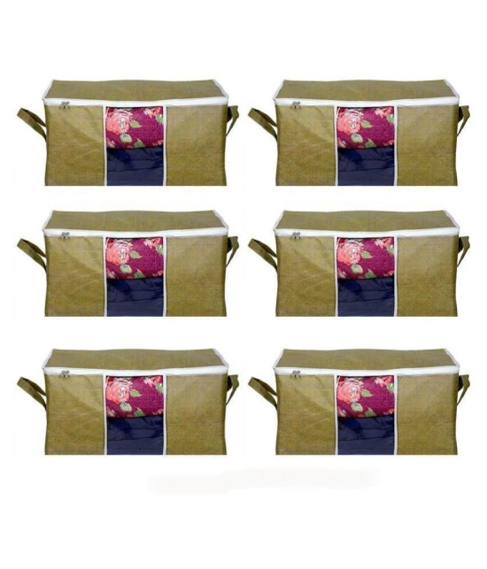 Prettykrafts Set of 6 Underbed/Closet Cupboard  Storage Box/Basket/Bag, Storage Organizer, Blanket Cover with Side Handles - Green