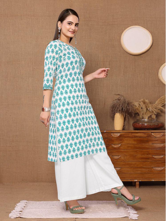 Rangita Women Cotton Turquoise Embroidered Knee Length Straight Kurti - None