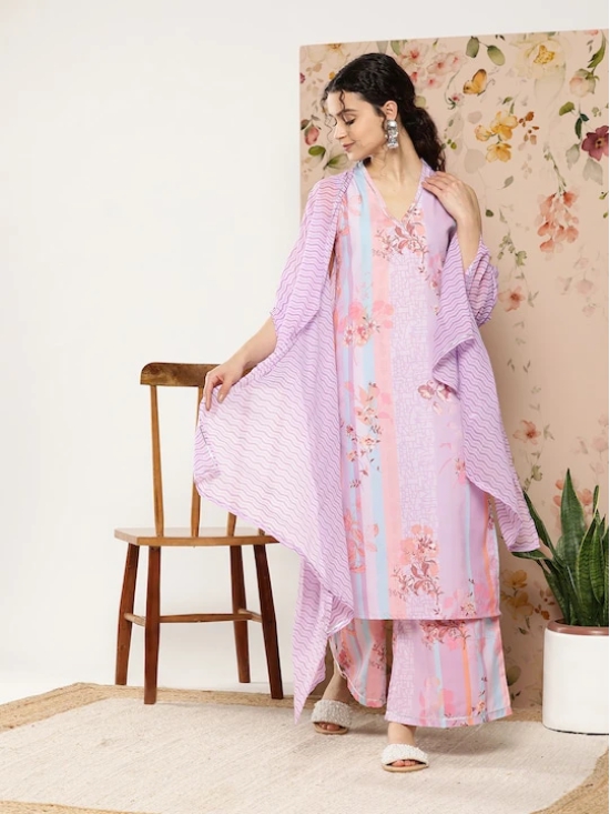 Women Lavender Floral Printed Gotta Patti Kurta with Palazzos & With Dupatta