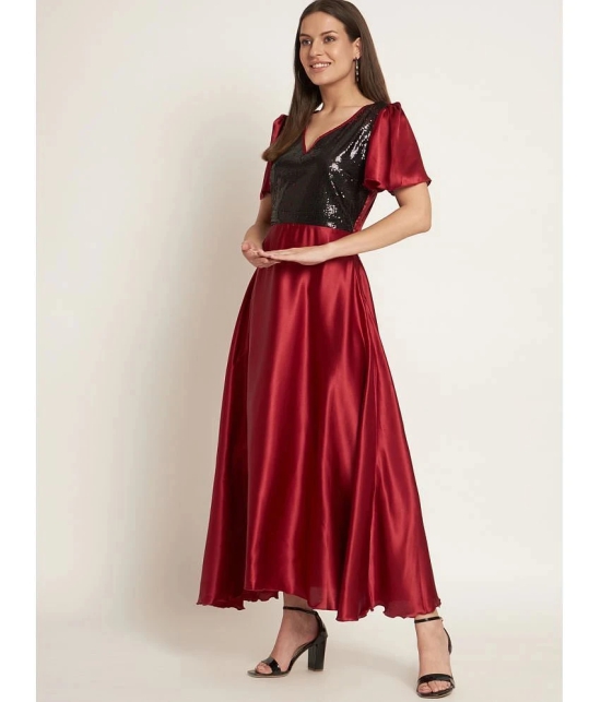 Curvydrobe Satin Embellished Ankle Length Womens Fit & Flare Dress - Maroon ( Pack of 1 ) - None