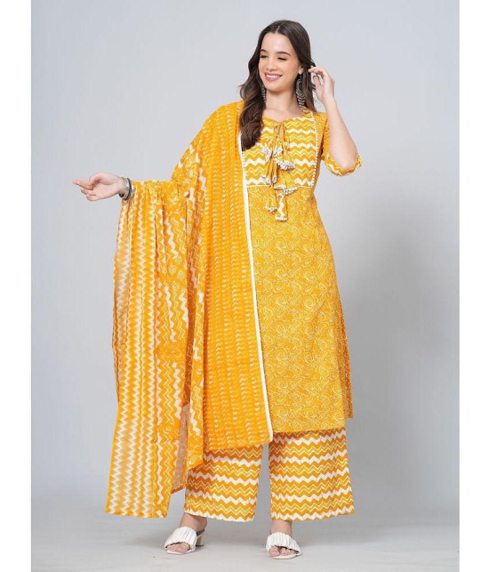 JC4U Cotton Printed Kurti With Palazzo Womens Stitched Salwar Suit - Yellow ( Pack of 1 ) - None