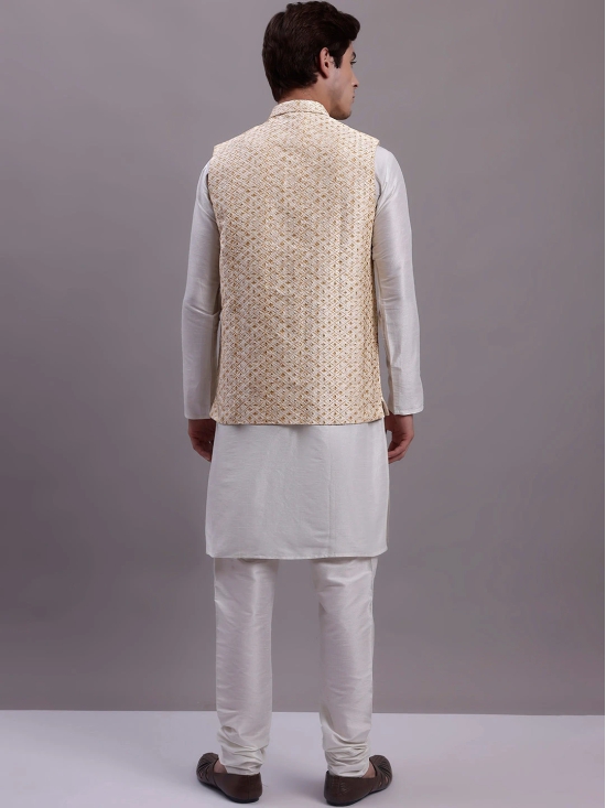 Mens Cream Woven Design Nehru Jacket With Solid Kurta Pyjama.-XL / Cream