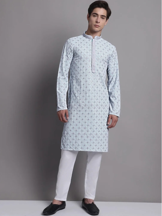 Men's Blue Chikankari Embroidered and Sequence Kurta-S / Blue