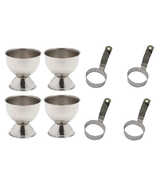 Stainless Steel Set of 4 Round Egg Ring with Handle and 4 egg cup - Silver