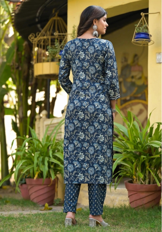 Blue Printed Straight Kurta Set with Bottom Wear and Dupatta-XXL