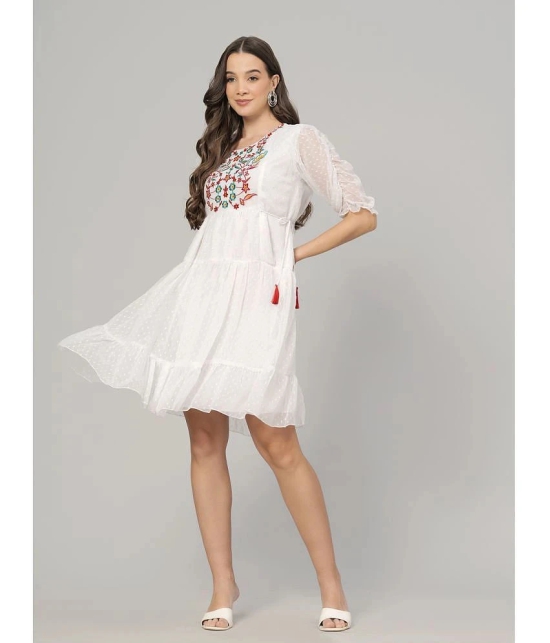 JC4U Crepe Embroidered Knee Length Womens Fit & Flare Dress - White ( Pack of 1 ) - None