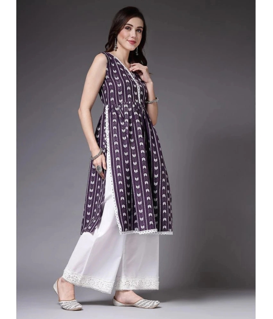 Stylum Cotton Blend Printed A-Line Womens Kurti - Purple ( Pack of 1 ) - None