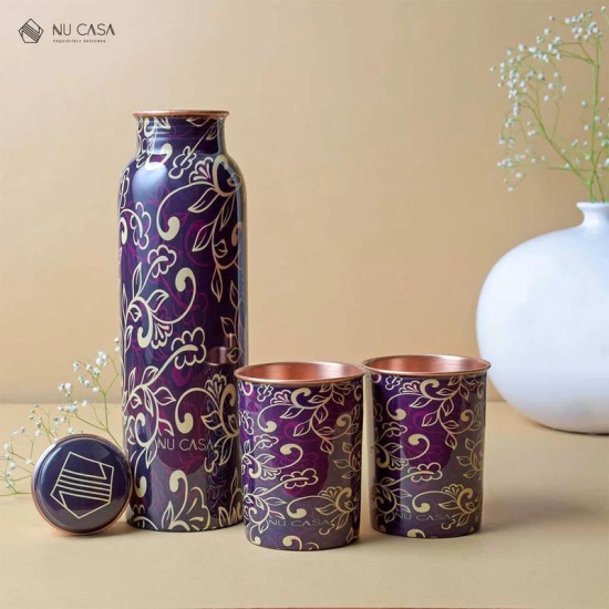 Purple Floral Print Copper Bottle with a set of 2 Glasses