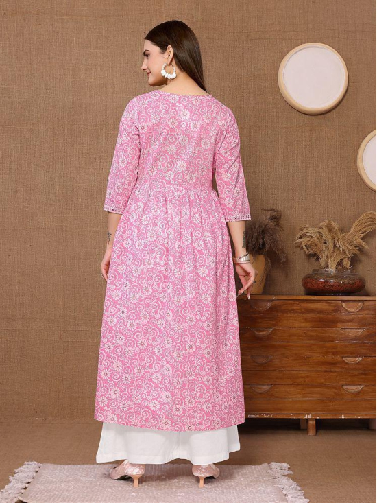 Rangita Women Cotton Pink Embroidered Calf Length Flared Kurti - None