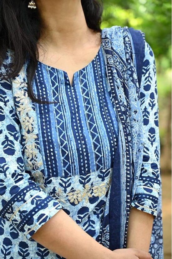 Monika Fashion Bagaru Print Straight Kurta and Dupatta Set with Gota Patti Embroidery in Yolk (Blue)