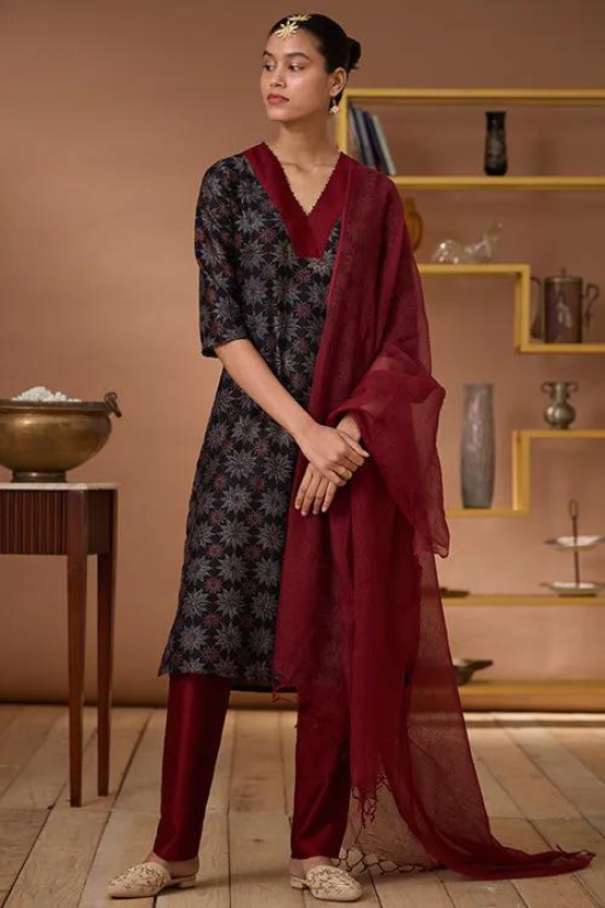 Okhai Carnelian Handblock Printed Chanderi Silk Ajrakh Kurta Pant Set-M