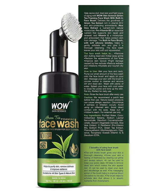 WOW Skin Science Green Tea Foaming Face Wash with Built-In Face Brush - With Green Tea & Aloe Vera Extract - For Purifying Skin, Improving Radiance - No Parabens, Sulphate, Silicones & Color