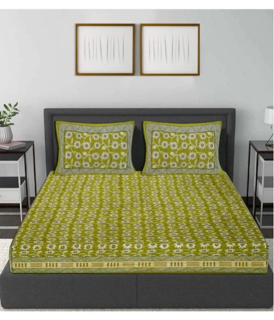 Frionkandy Cotton Floral Printed Double Bedsheet with 2 Pillow Covers - Green - Green