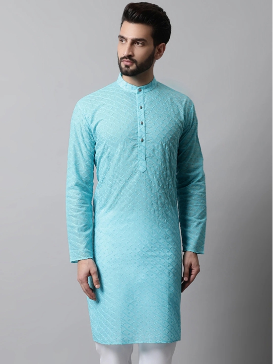 Jompers Men Sky Blue Chikan Kurta Only-XL / Blue