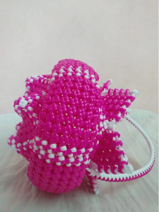 Handcrafted Pink and White Beaded Basket with Handle