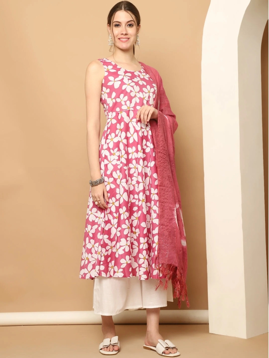 Printed pink flowers flared kurta pallazos dupatta set-M / Pink