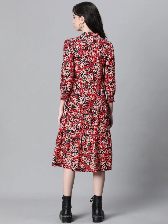 Oxolloxo Floral Printed Mandarin Collar Puff Sleeves Pure Cotton Shirt Midi Dress