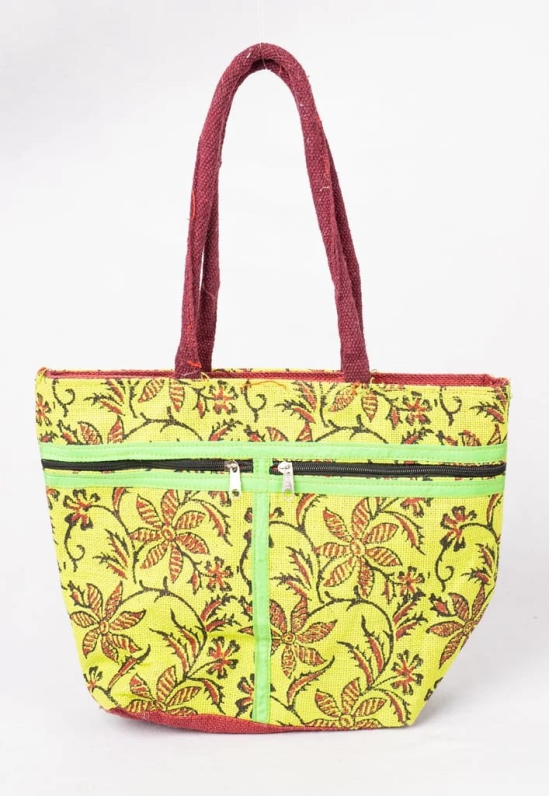 Floral Print Jute Tote Bag with Zipper Closure