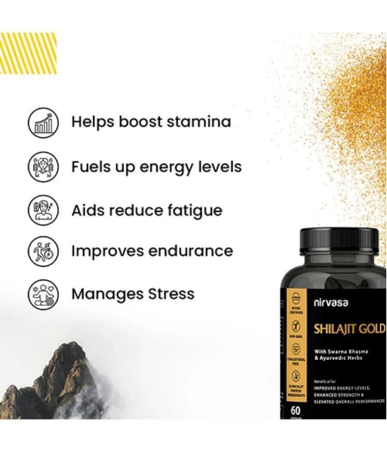 Nirvasa Shilajit Gold 60 Capsules | 100% Pure Himalayan Shilajit Original Capsules | Contains 24 Carat Gold, Gokshura, Akarkara, Triphala, Safed Musli & Ashwagandha