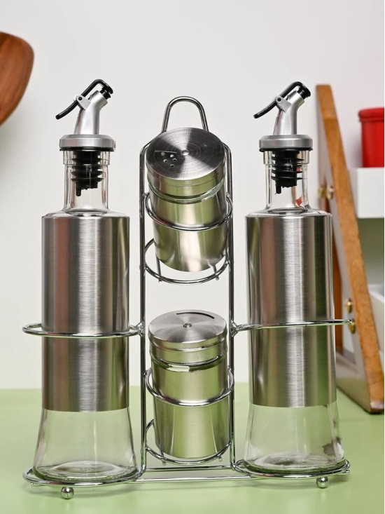 VON CASA Condiment Set Salt & Pepper with 2 Oil Dispenser Set with Stand - Stainless Steel Glossy Finish