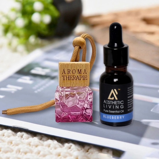 Aesthetic Living Car Aromatizer Diffuser Bottle with Essential Oil (Square Colored Transparent Combo- 8 ml + Blueberry Essential Oil, 15 ml)