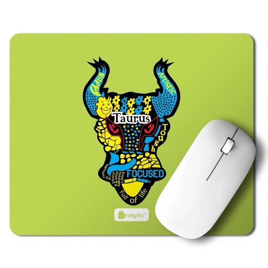 Indigifts Zodiac Sign Designer Mousepad Multicolor Earth Pattern With Taurus Cattle Face Green Mouse Pad 8.5x7 Inches - Taurus Zodiac Mousepad for Laptop, Zodiac Mouse Pad, Sun Sign-Star Sign Gifts