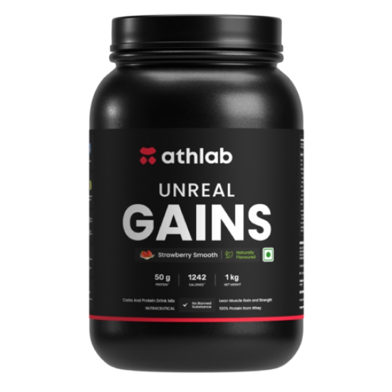 Athlab (by Nutrabay) Unreal Gains Mass Gainer | Organic Tapioca, Naturally Flavoured & Sweetened with Monk Fruit | 50g Protein, 1242 Caloreis, Easy Digesting Weight Gain Protein Powder - Strawberry Smooth, 1 kg