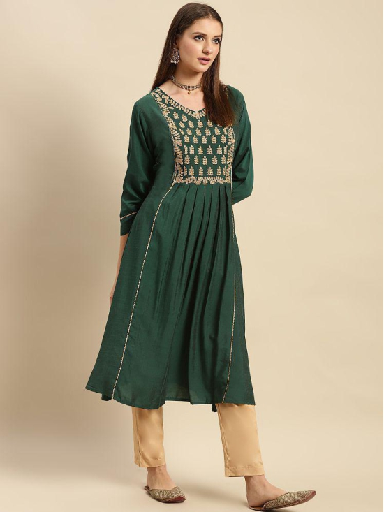 Rangita Women Viscose Blend Green Yoke Embroidered Calf Length Partywear Flared Kurti - None